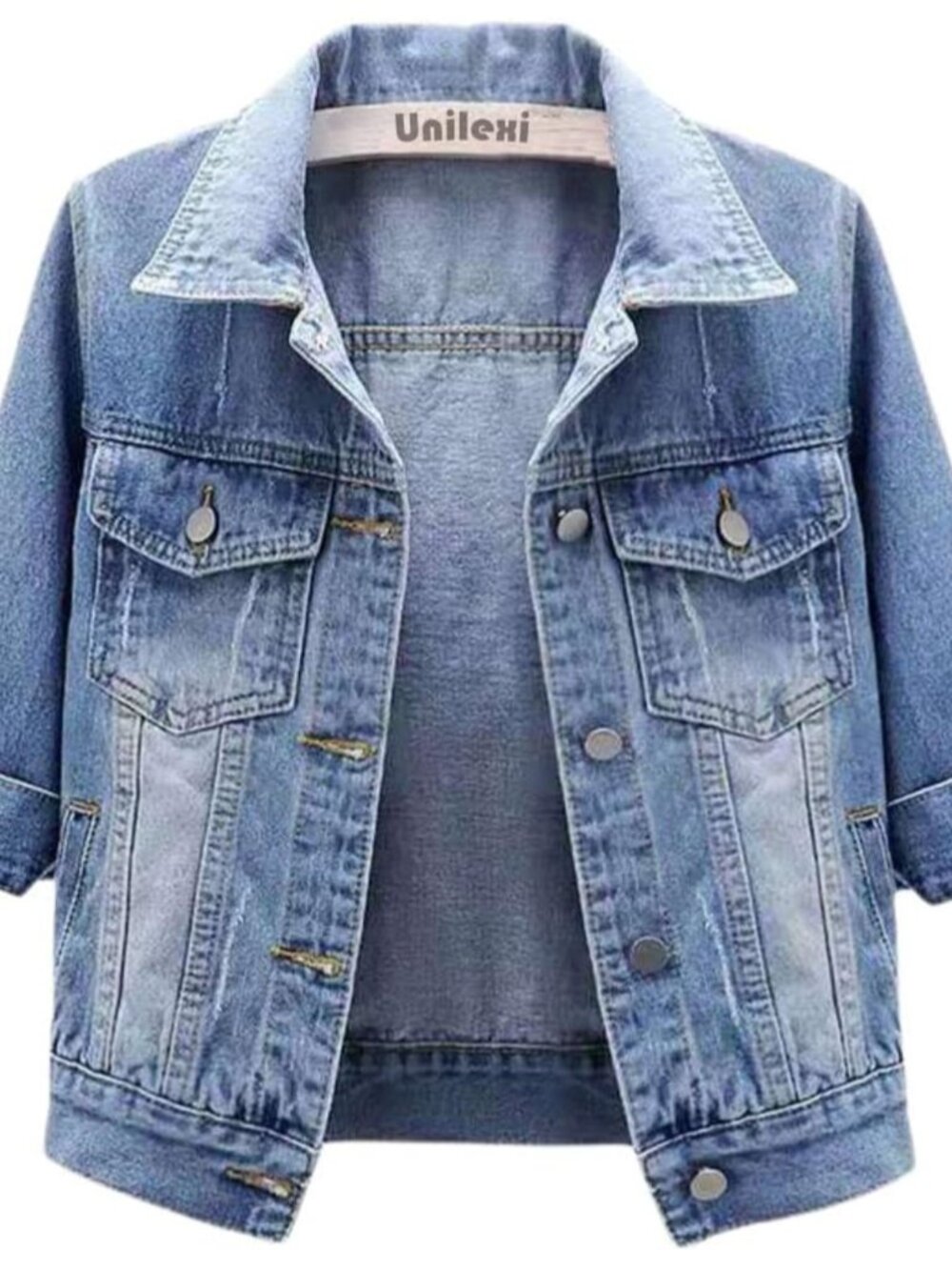 Women's 3/4 Sleeve Colored Cropped Denim Jacket Light Wash Short Jean Jacket Tru
